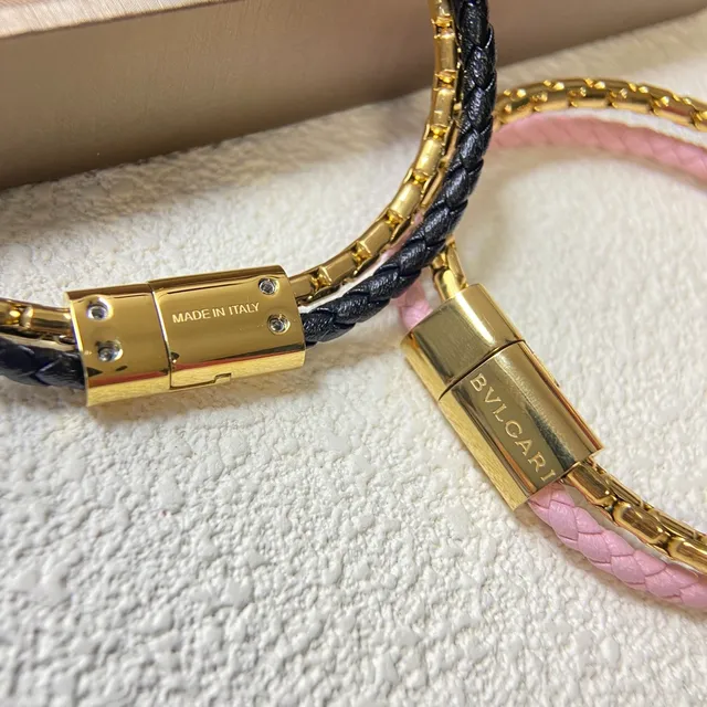 Bvlgari Serpenti Bracelet de Chaîne Overlay en Cuir Tressé de Double Enveloppement Bleu Rose Doré 2