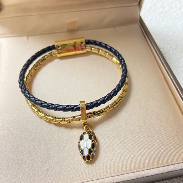 Bvlgari Serpenti Bracelet de Chaîne Overlay en Cuir Tressé de Double Enveloppement Bleu Rose Doré 3