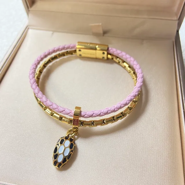 Bvlgari Serpenti Bracelet de Chaîne Overlay en Cuir Tressé de Double Enveloppement Bleu Rose Doré 4