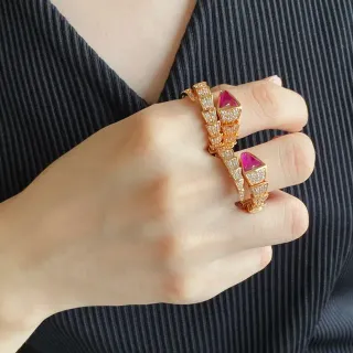 Bvlgari Serpenti Gold Pink Coiled Serpent Motif Pavé Diamond-Set Bands Ring