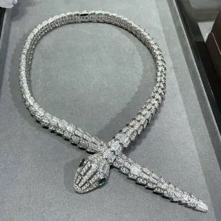 Bvlgari রূপো সবুজ সাপ মোটিফ Pavé-Set হীরা হার