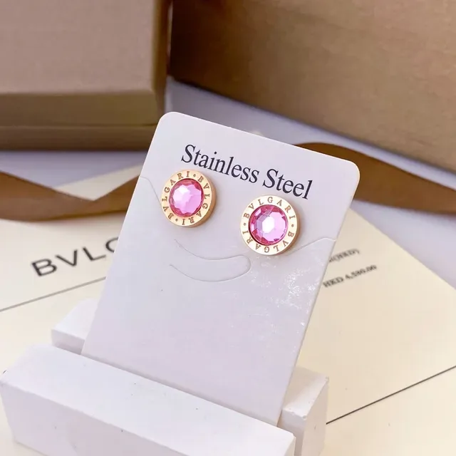 Bvlgari Brincos Aço Inoxidável Cristal Rosa Logo Pingente Gota 9