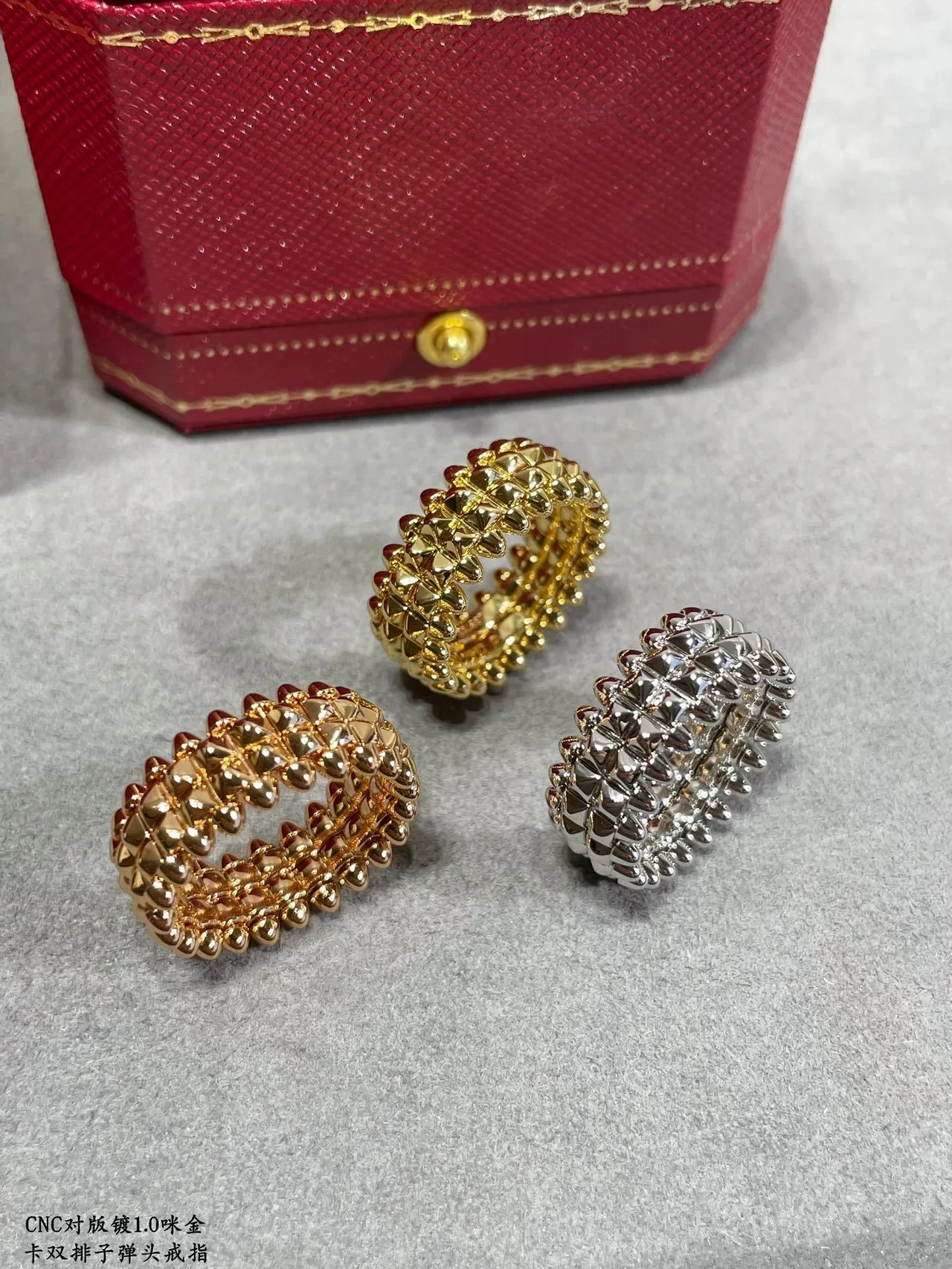 Cartier ذهب فضة مسنن هندسي مزدوج الصف Pavé-Stud خاتم 7