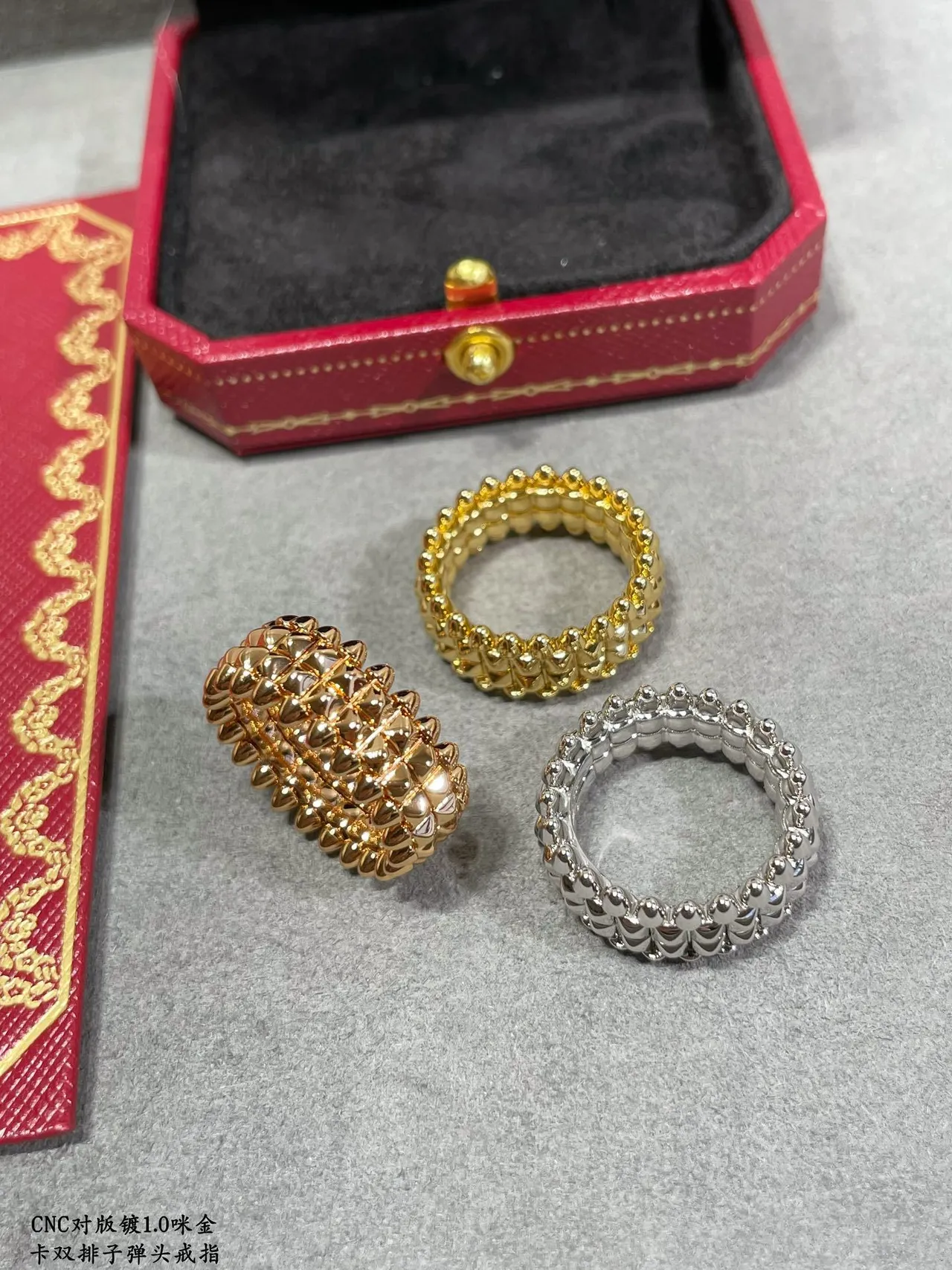 Cartier ذهب فضة مسنن هندسي مزدوج الصف Pavé-Stud خاتم 2