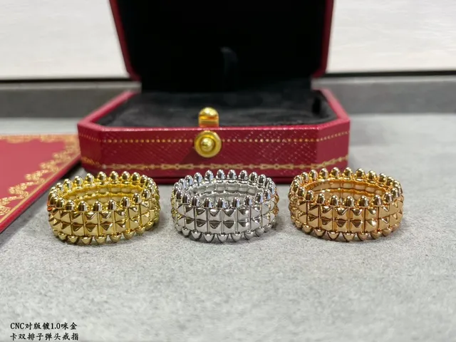 Cartier ذهب فضة مسنن هندسي مزدوج الصف Pavé-Stud خاتم 5