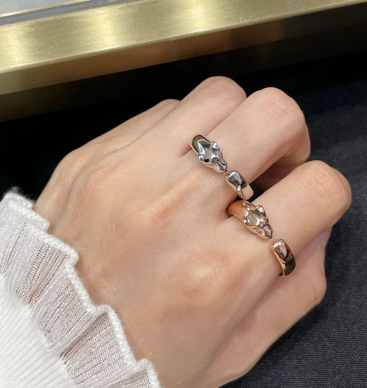 Cartier Panthère خاتم ذهبي فضي نقش رأس الفهد مفتوح قابل للتعديل 5