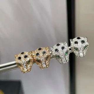 Cartier Panthère Gold Silver Panther Head Motif Pavé Crystal Setting Earrings