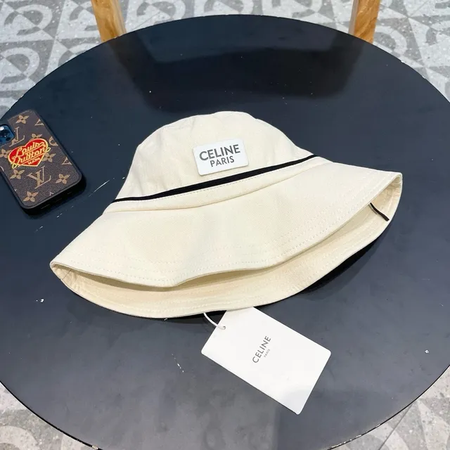 Celine Beige Black Off-White bande de tissu chapeau bucket 2