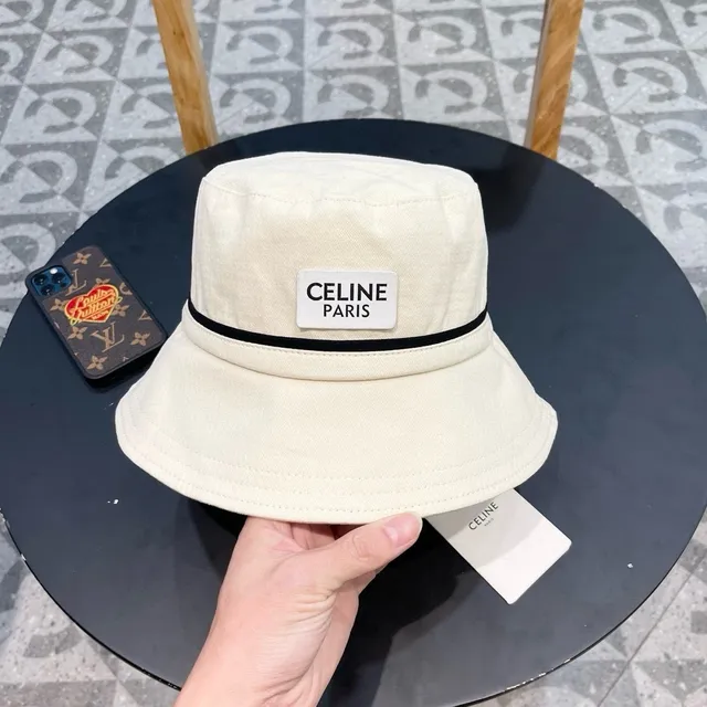 Celine Beige Black Off-White bande de tissu chapeau bucket 4