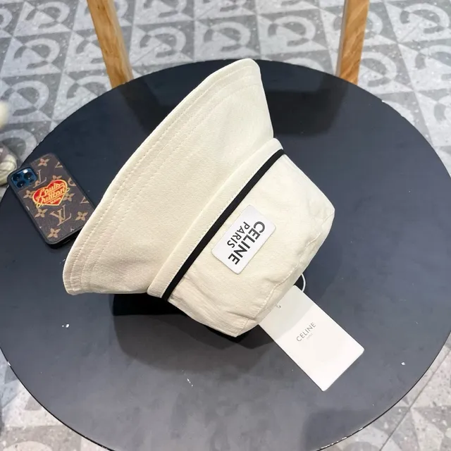 Celine Beige Black Off-White bande de tissu chapeau bucket 5