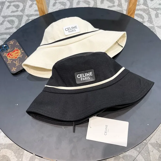 Celine Beige Black Off-White bande de tissu chapeau bucket 6