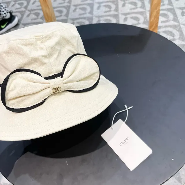 Celine Beige Black Off-White bande de tissu chapeau bucket 7