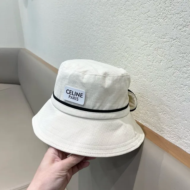 Celine Beige Black Off-White bande de tissu chapeau bucket 8