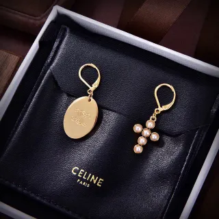 Celine Gold-Tone Oval Monogram and Pearl Cross Earrings