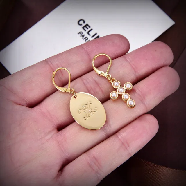 Celine Gold-Tone Oval Monogram and Pearl Cross Earrings 4