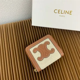 Celine Triomphe Beige Woven Canvas and Tan Leather Short Wallet