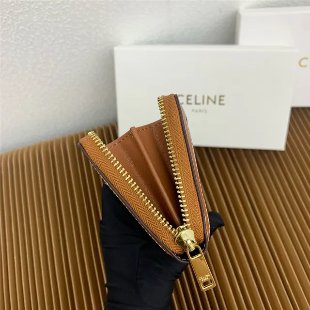 Celine Triomphe Beige Woven Canvas and Tan Leather Short Wallet 2
