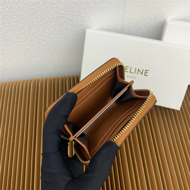 Celine Triomphe Beige Woven Canvas and Tan Leather Short Wallet 3