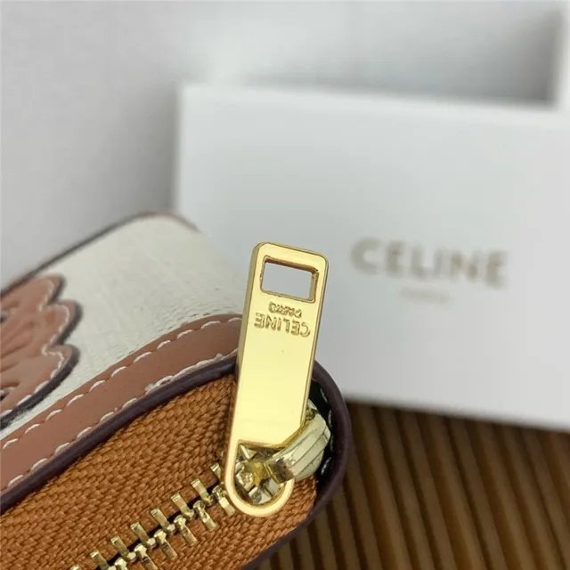 Celine Triomphe Beige Woven Canvas and Tan Leather Short Wallet 4
