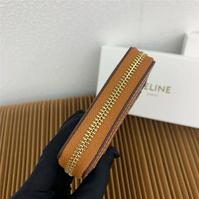 Celine Triomphe Beige Woven Canvas and Tan Leather Short Wallet 5