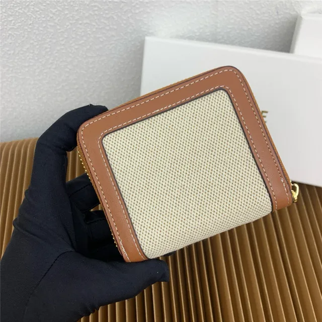 Celine Triomphe Beige Woven Canvas and Tan Leather Short Wallet 7