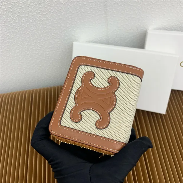 Celine Triomphe Beige Woven Canvas and Tan Leather Short Wallet 8