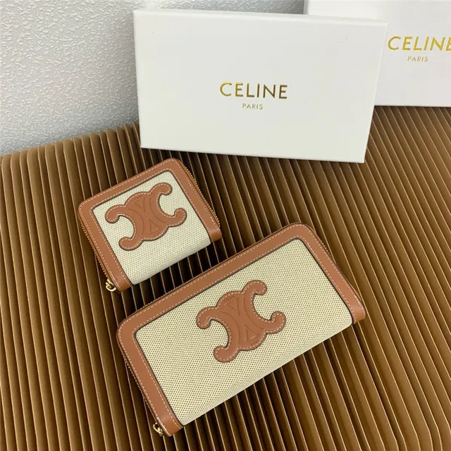 Celine Triomphe Beige Woven Canvas and Tan Leather Short Wallet 10