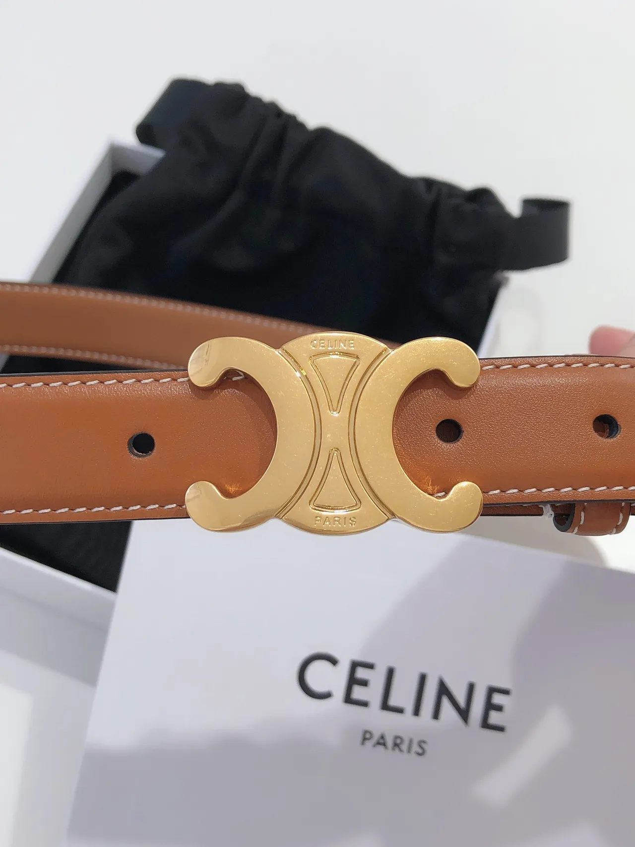 Celine Triomphe Brown Gold Interlocking C Buckle Smooth Tan Leather Belt 2