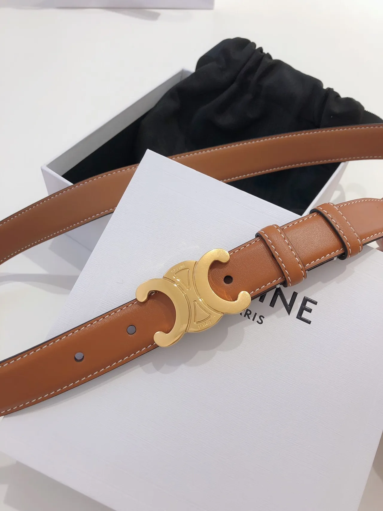 Celine Triomphe Brown Gold Interlocking C Buckle Smooth Tan Leather Belt 3