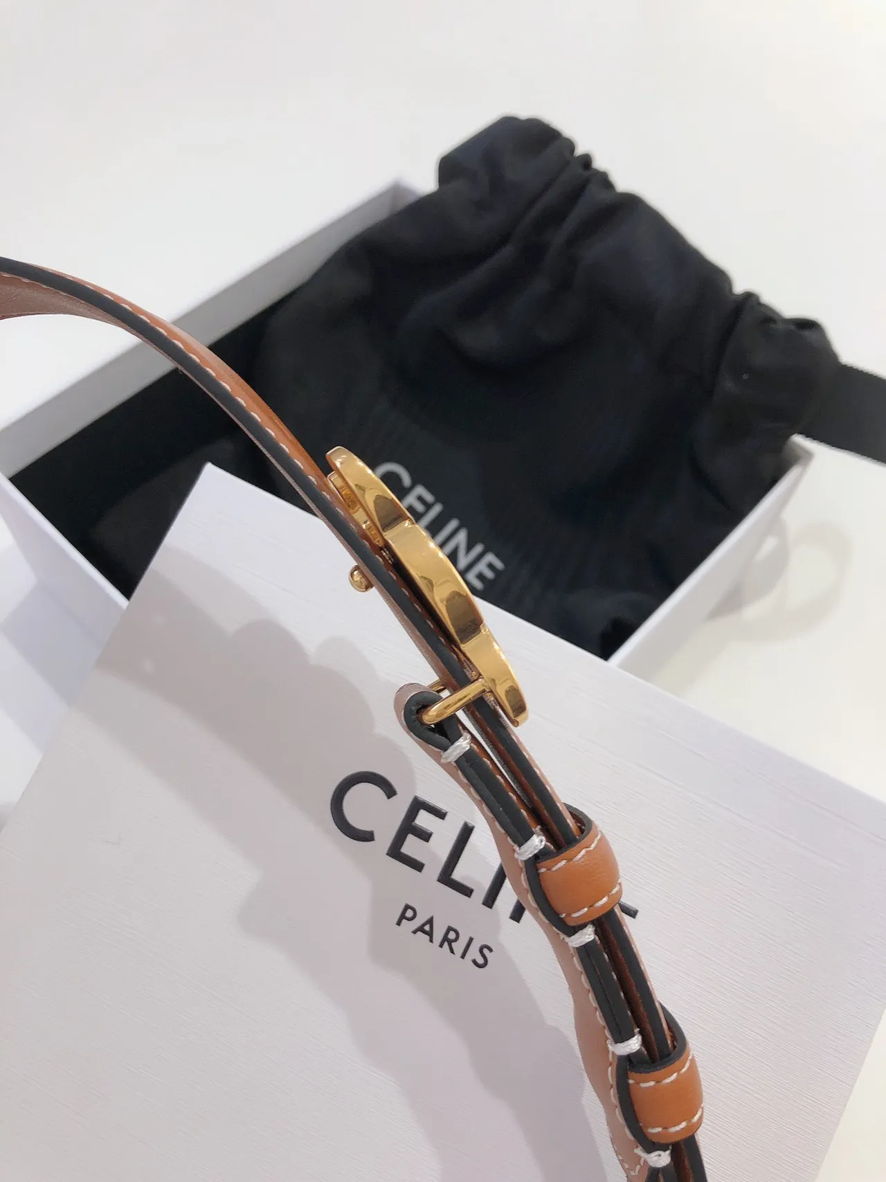 Celine Triomphe Brown Gold Interlocking C Buckle Smooth Tan Leather Belt 4