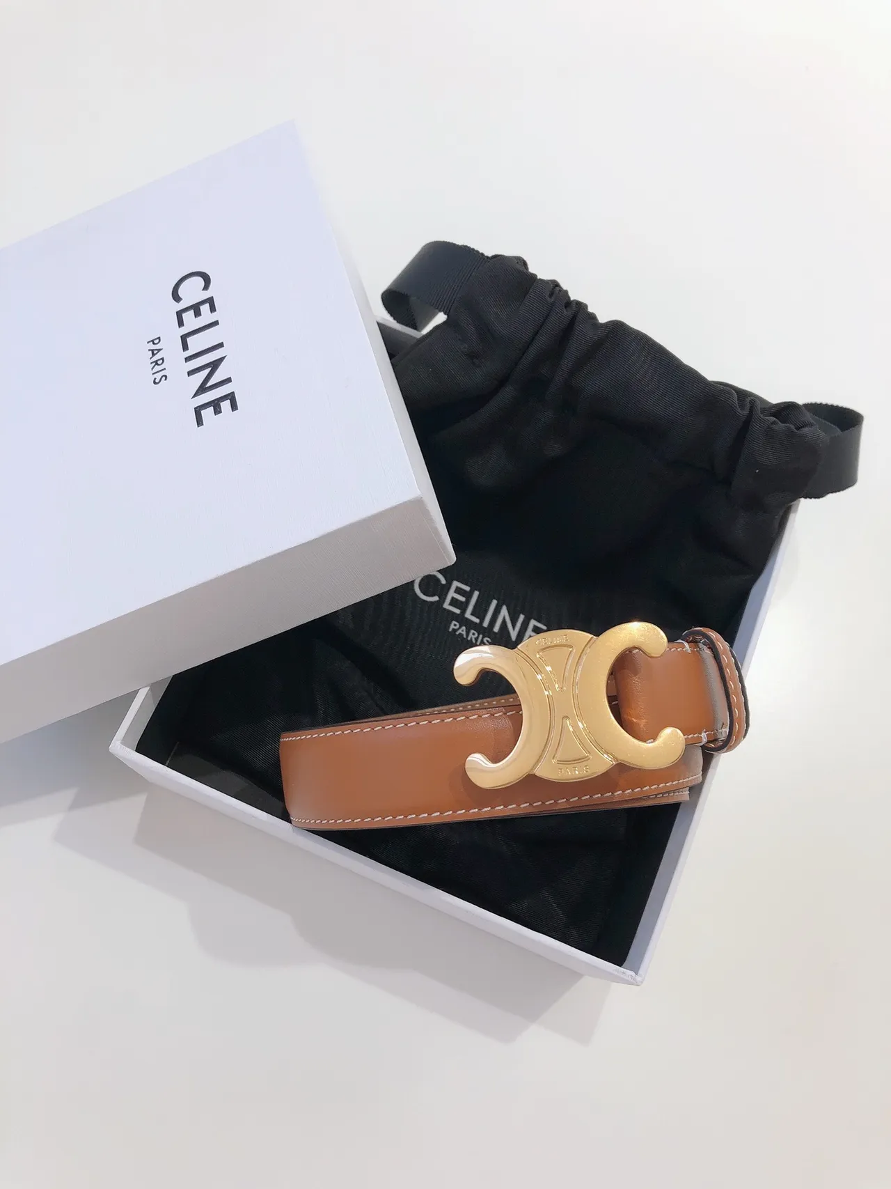 Celine Triomphe Brown Gold Interlocking C Buckle Smooth Tan Leather Belt 5