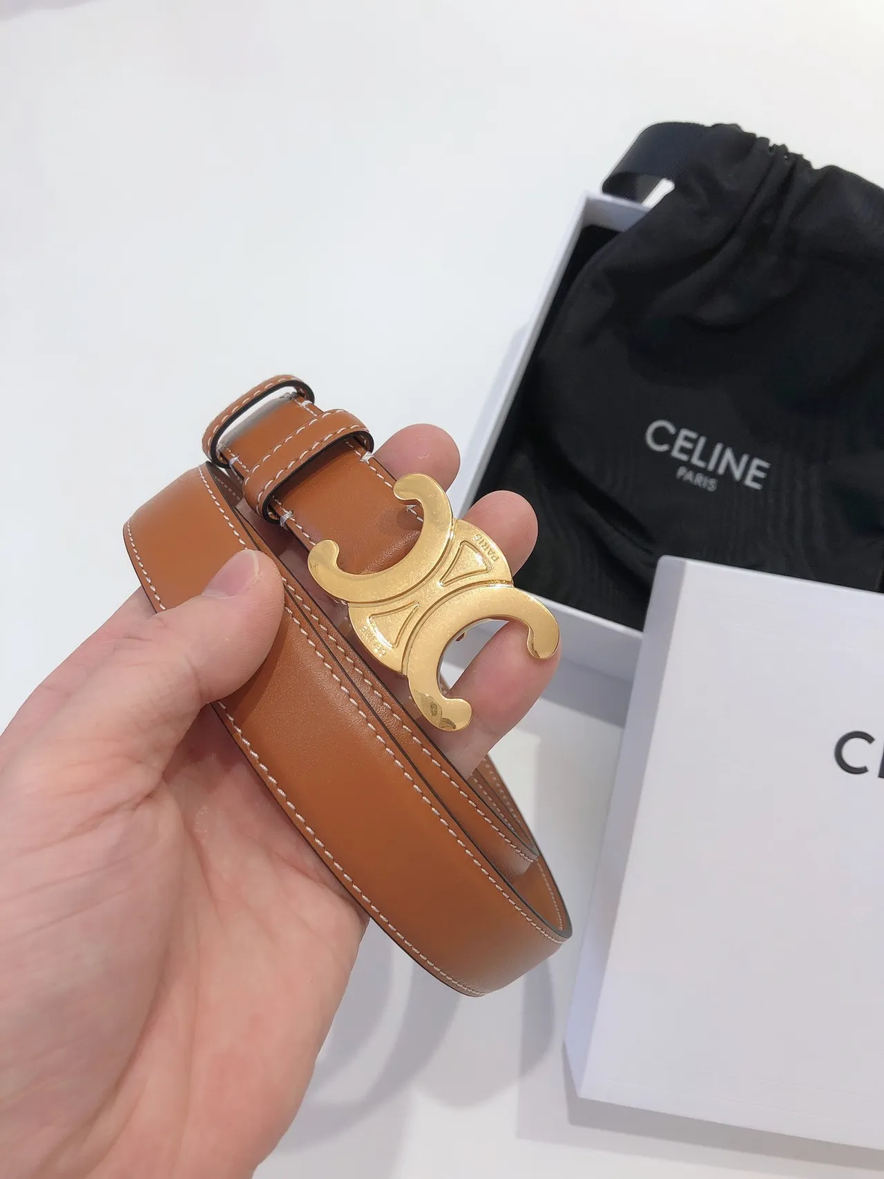 Celine Triomphe Brown Gold Interlocking C Buckle Smooth Tan Leather Belt 6