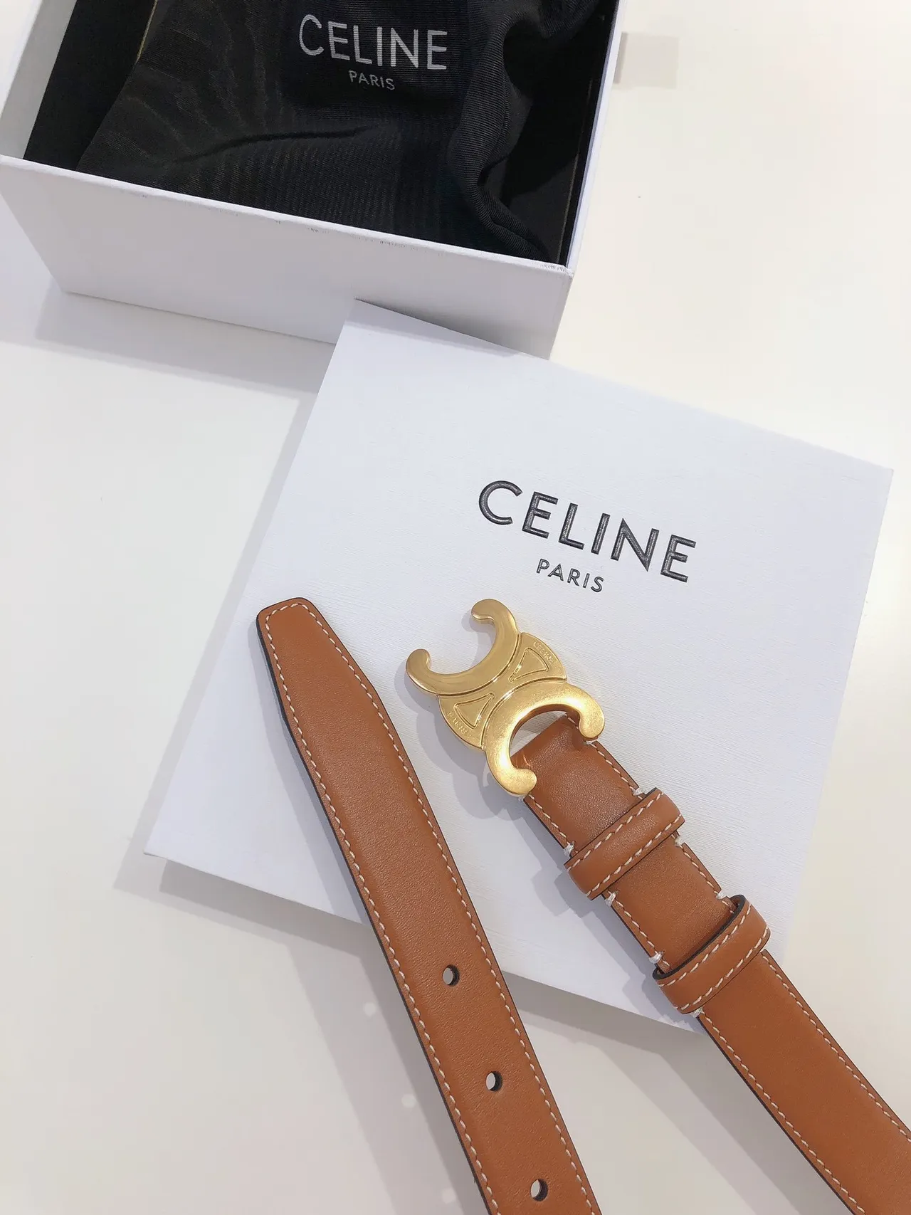 Celine Triomphe Brown Gold Interlocking C Buckle Smooth Tan Leather Belt 7