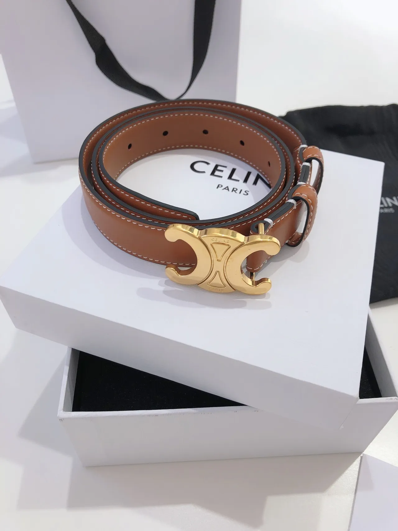 Celine Triomphe Brown Gold Interlocking C Buckle Smooth Tan Leather Belt 8