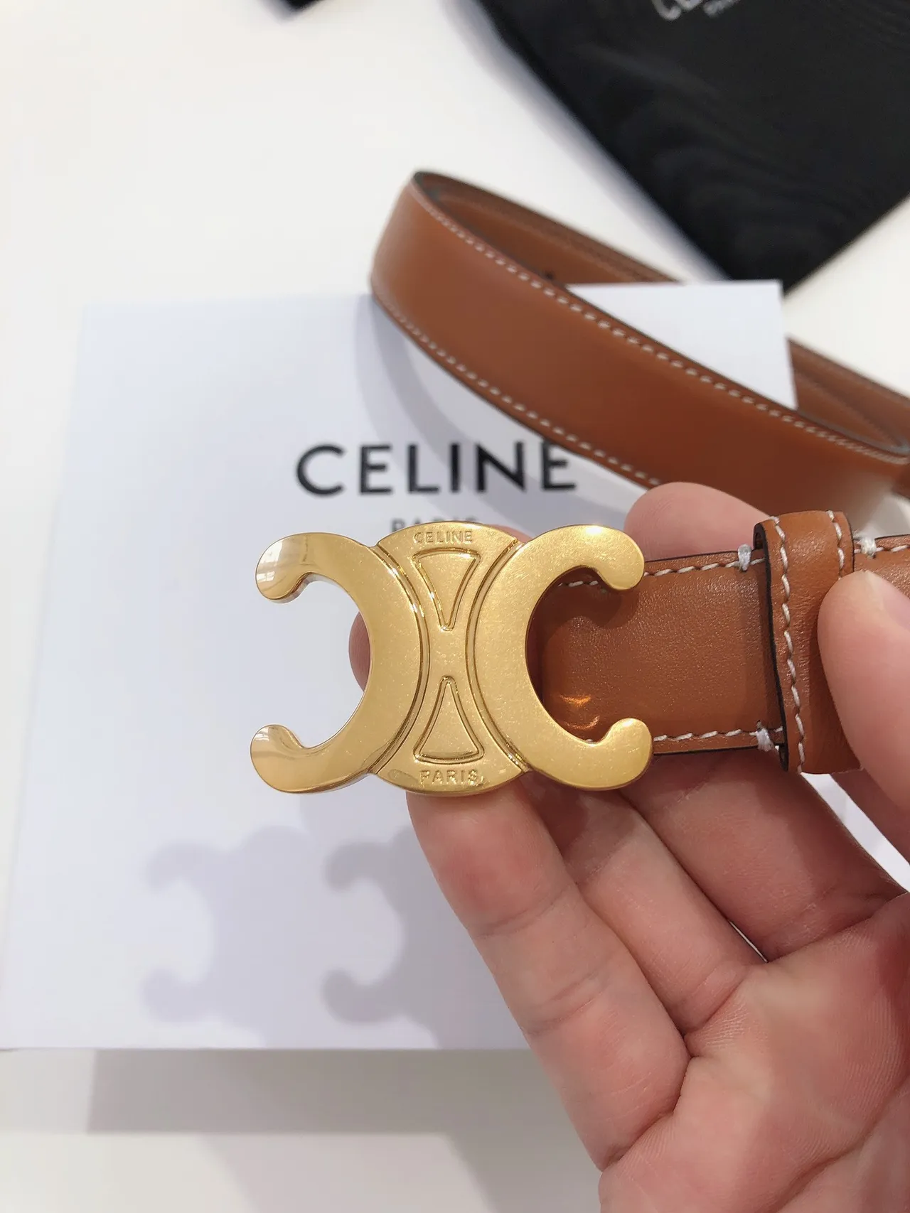 Celine Triomphe Brown Gold Interlocking C Buckle Smooth Tan Leather Belt 9