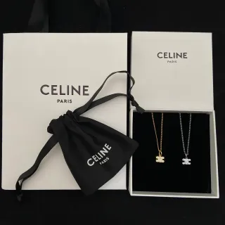 Celine Triomphe Gold Silver Logo Pendant Chain Necklace