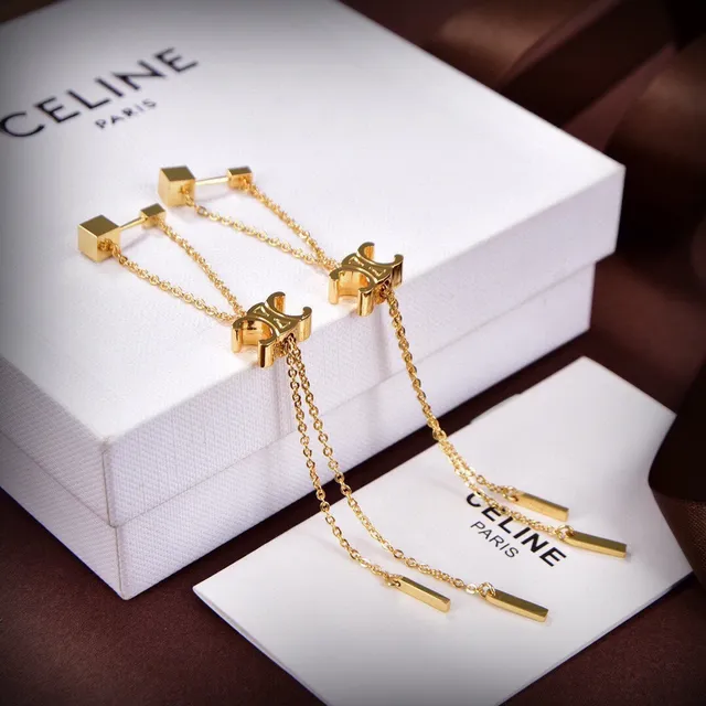 Celine Triomphe Gold-Tone Chain Logo Earrings 3