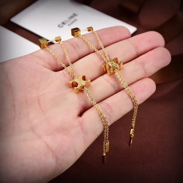 Celine Triomphe Gold-Tone Chain Logo Earrings 4