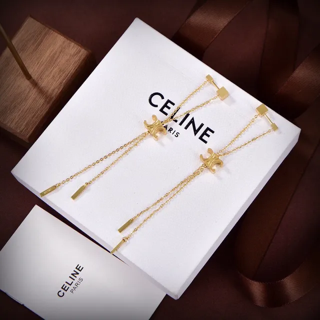 Celine Triomphe Gold-Tone Chain Logo Earrings 5