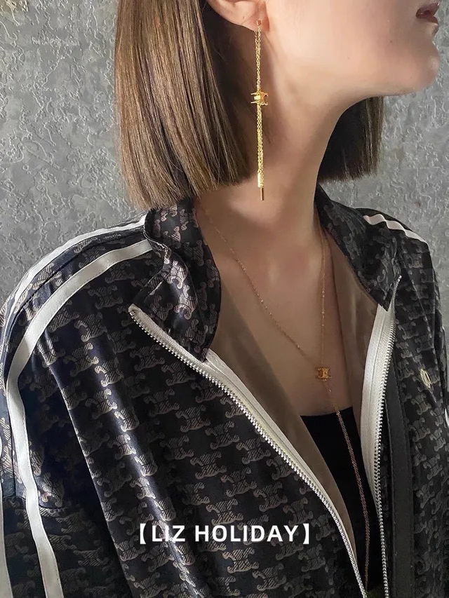 Celine Triomphe Gold-Tone Chain Logo Earrings 7