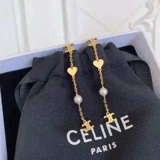 Celine Triomphe Heart and Pearl Chain Drop Earrings