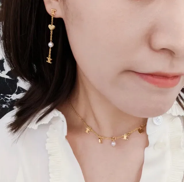 Celine Triomphe Heart and Pearl Chain Drop Earrings 2