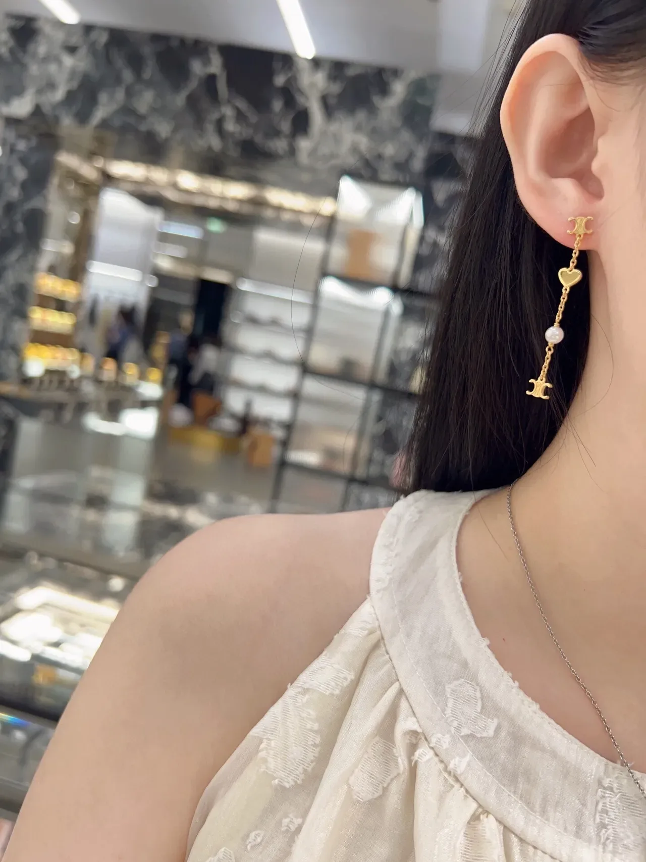 Celine Triomphe Heart and Pearl Chain Drop Earrings 3