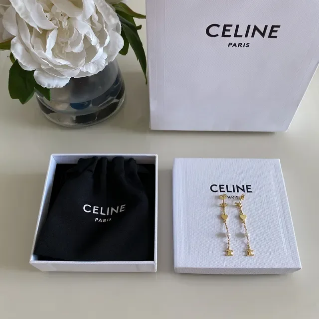 Celine Triomphe Heart and Pearl Chain Drop Earrings 4