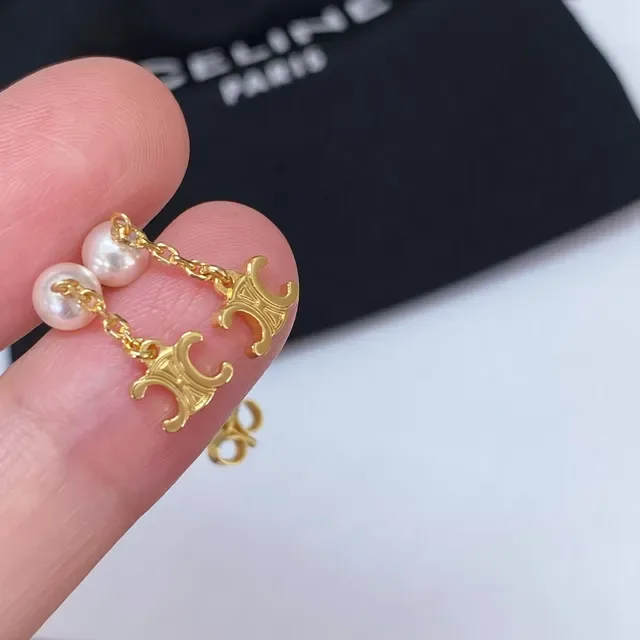 Celine Triomphe Heart and Pearl Chain Drop Earrings 5