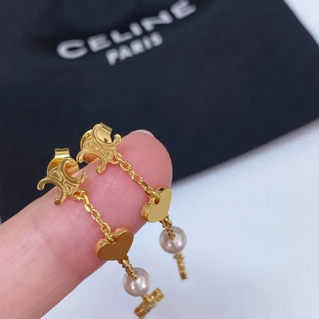 Celine Triomphe Heart and Pearl Chain Drop Earrings 6