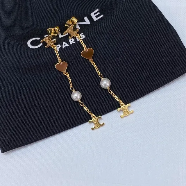 Celine Triomphe Heart and Pearl Chain Drop Earrings 7