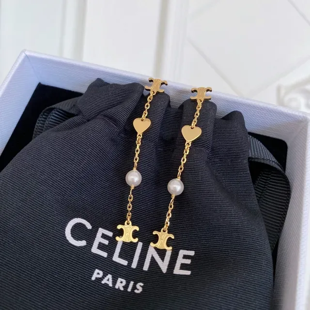 Celine Triomphe Heart and Pearl Chain Drop Earrings 8