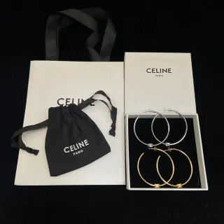 Celine Triomphe Silver Gold Large Thin Hoops Cross Motif Detail Earrings