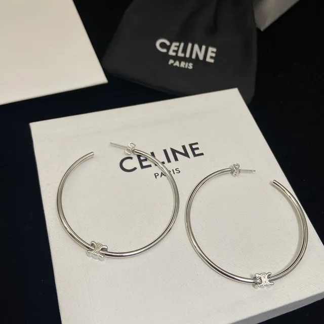 Celine Triomphe Silver Gold Large Thin Hoops Cross Motif Detail Earrings 2
